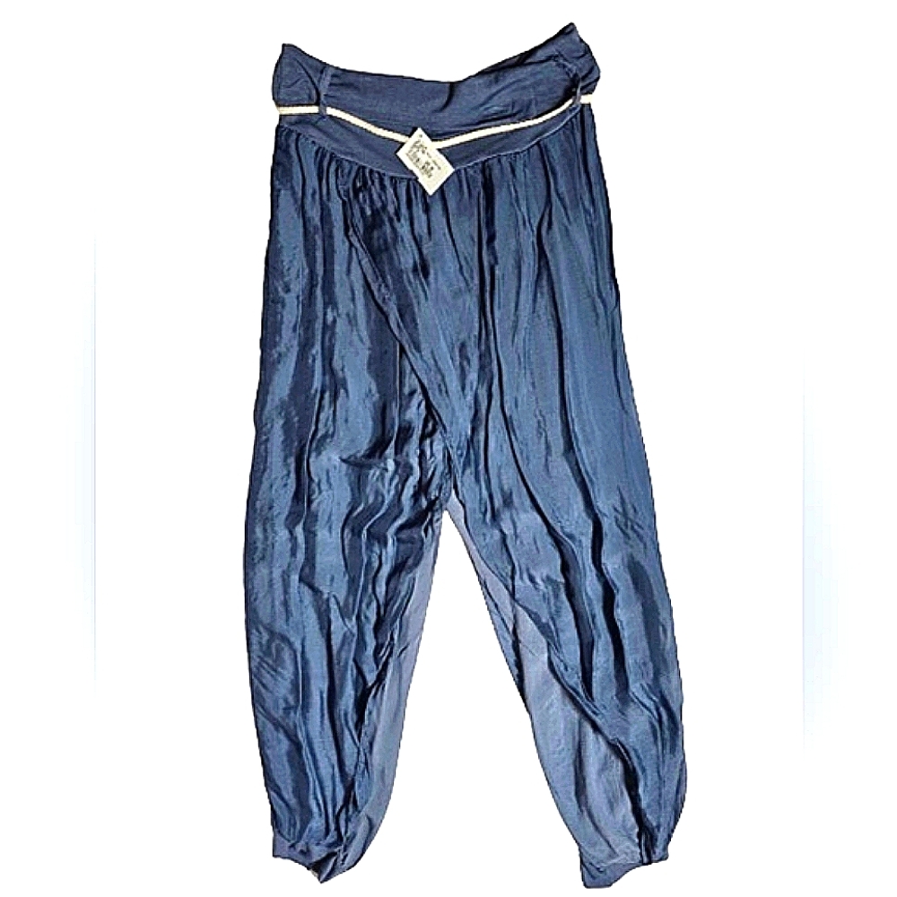 NWT, MEO MELL BLUE SILK HAREM WRAP JOGGER PANTS, one size - Picture 6 of 9